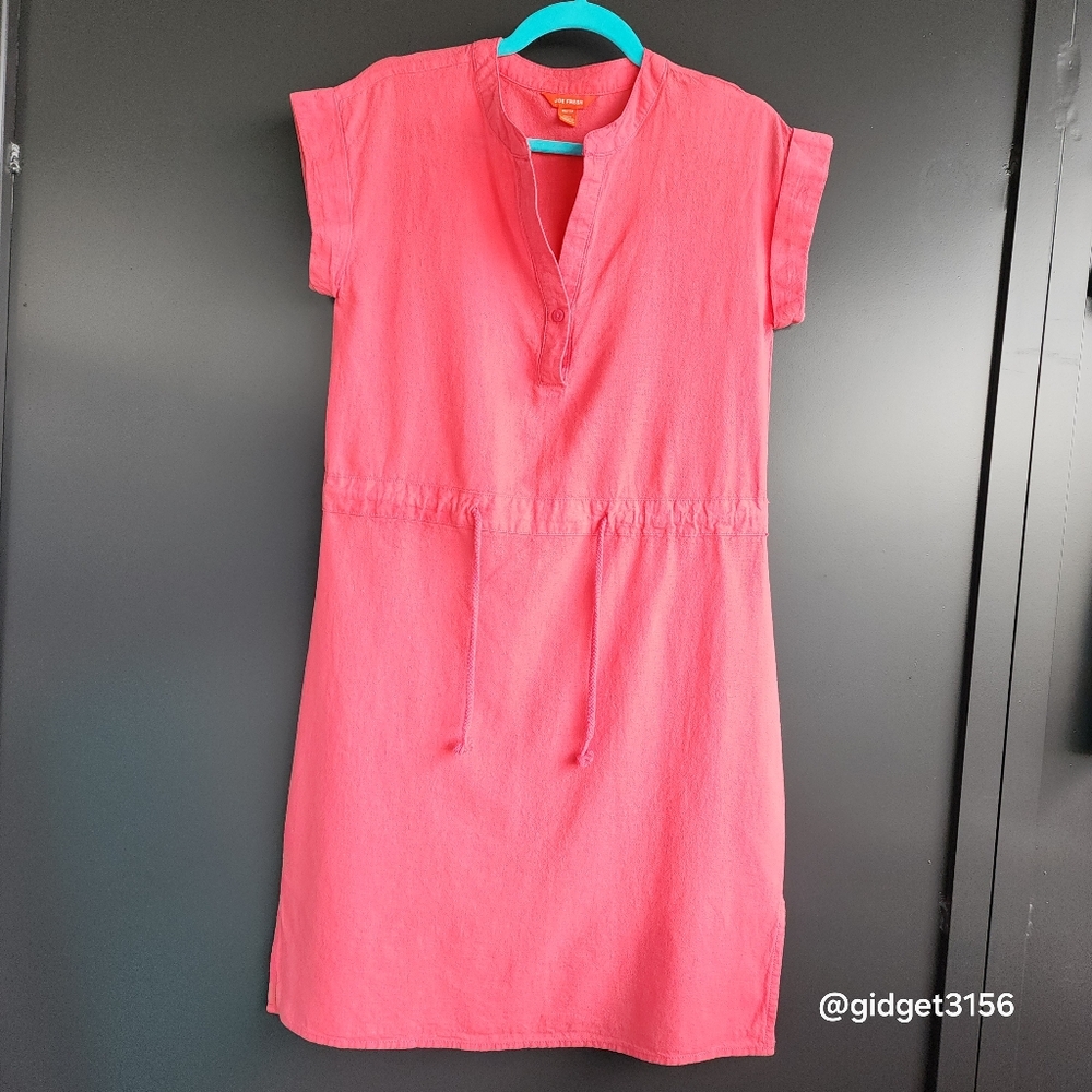EUC  CORAL LINEN/ COTTON  SLEEVELESS SHIFT DRESS DRAWSTRING WAIST - SIZE XS